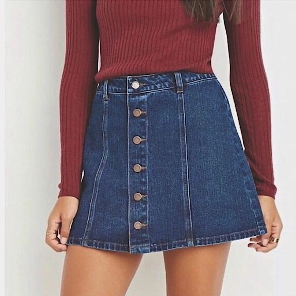 A line denim button front mini skirt